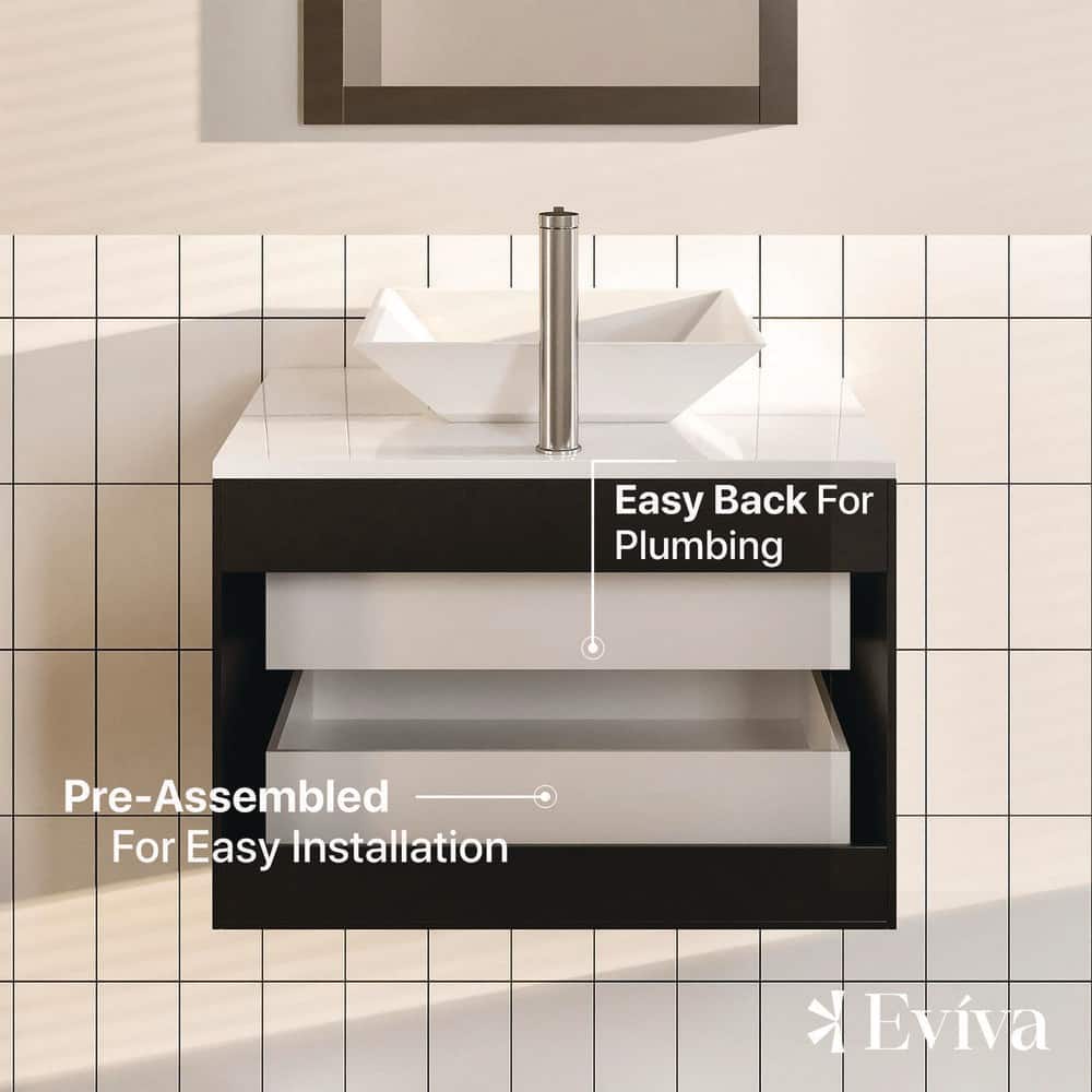 Eviva Totti Wave 24 in. W x 21 in. D x 22 in. H Floating Bathroom Vanity in Espresso with White Glassos Top and White Vessel Sink