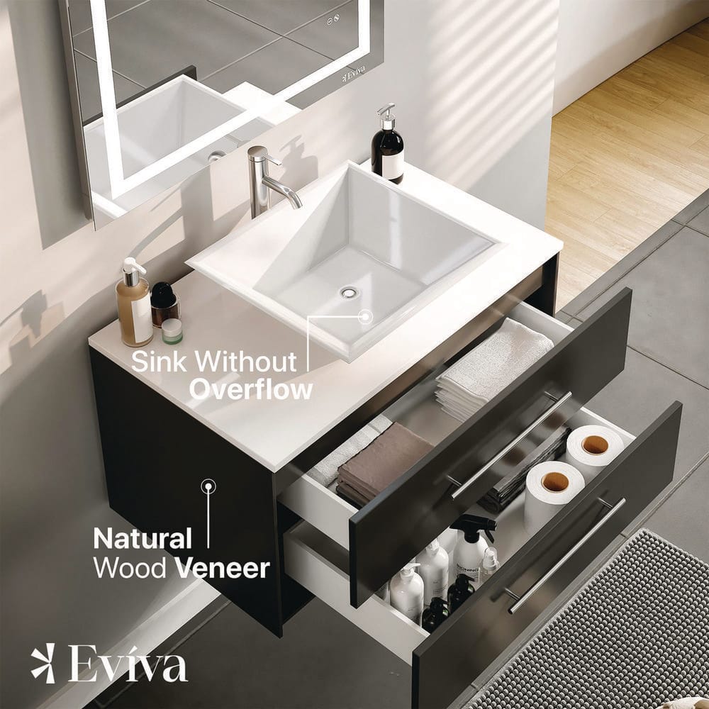 Eviva Totti Wave 30 in. W x 21 in. D x 22 in. H Floating Bathroom Vanity in Espresso with White Glassos Top and White Vessel Sink