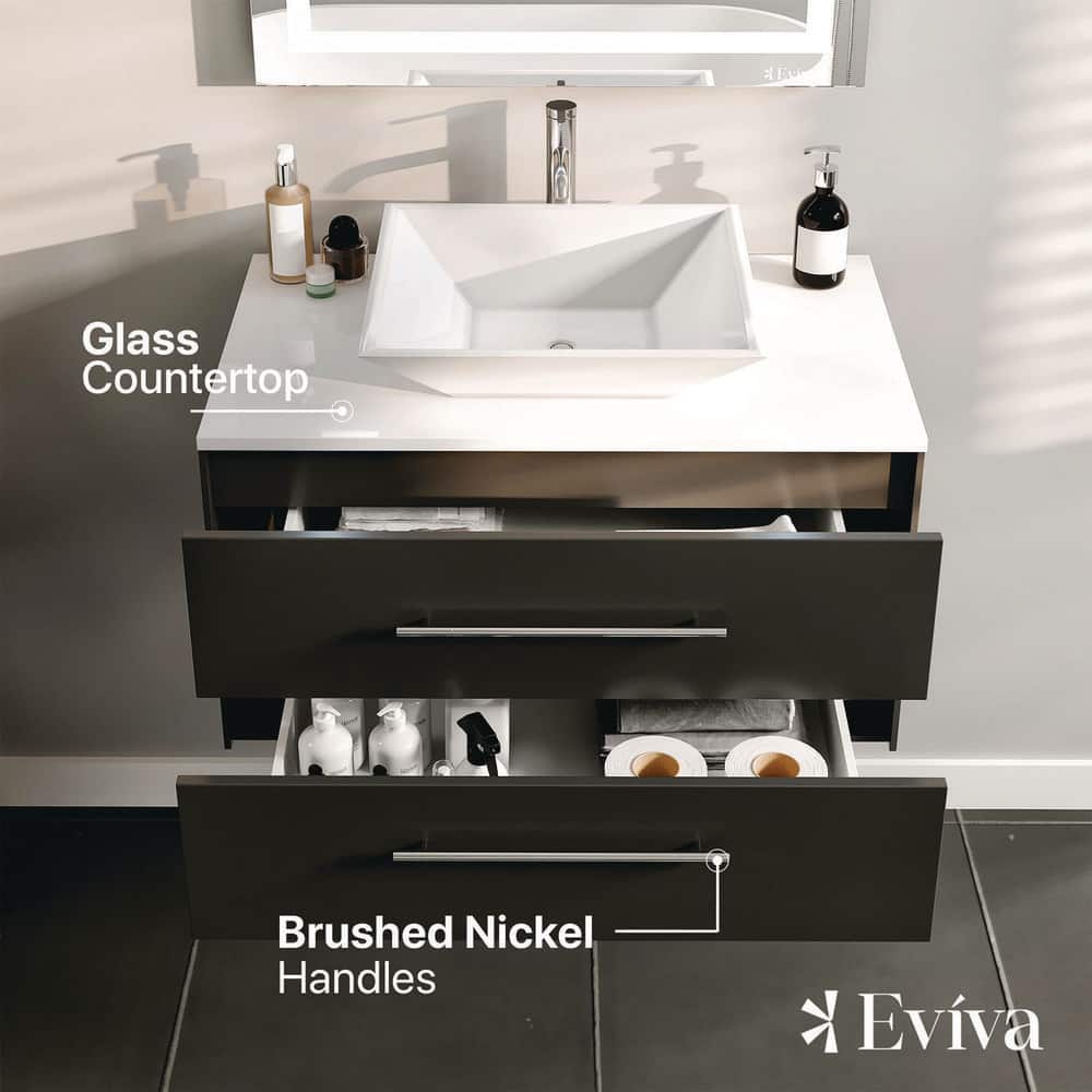 Eviva Totti Wave 30 in. W x 21 in. D x 22 in. H Floating Bathroom Vanity in Espresso with White Glassos Top and White Vessel Sink