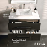 Eviva Totti Wave 30 in. W x 21 in. D x 22 in. H Floating Bathroom Vanity in Espresso with White Glassos Top and White Vessel Sink