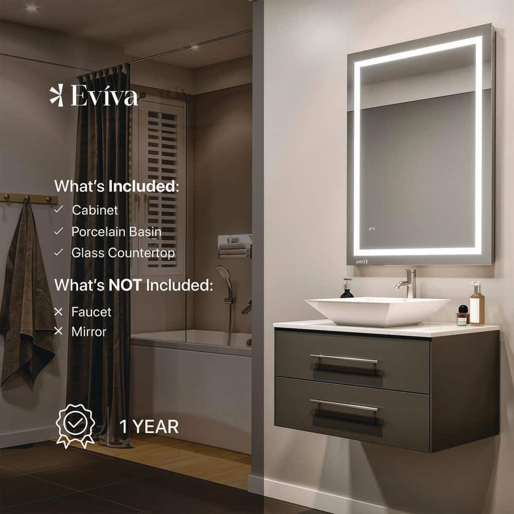 Eviva Totti Wave 30 in. W x 21 in. D x 22 in. H Floating Bathroom Vanity in Espresso with White Glassos Top and White Vessel Sink