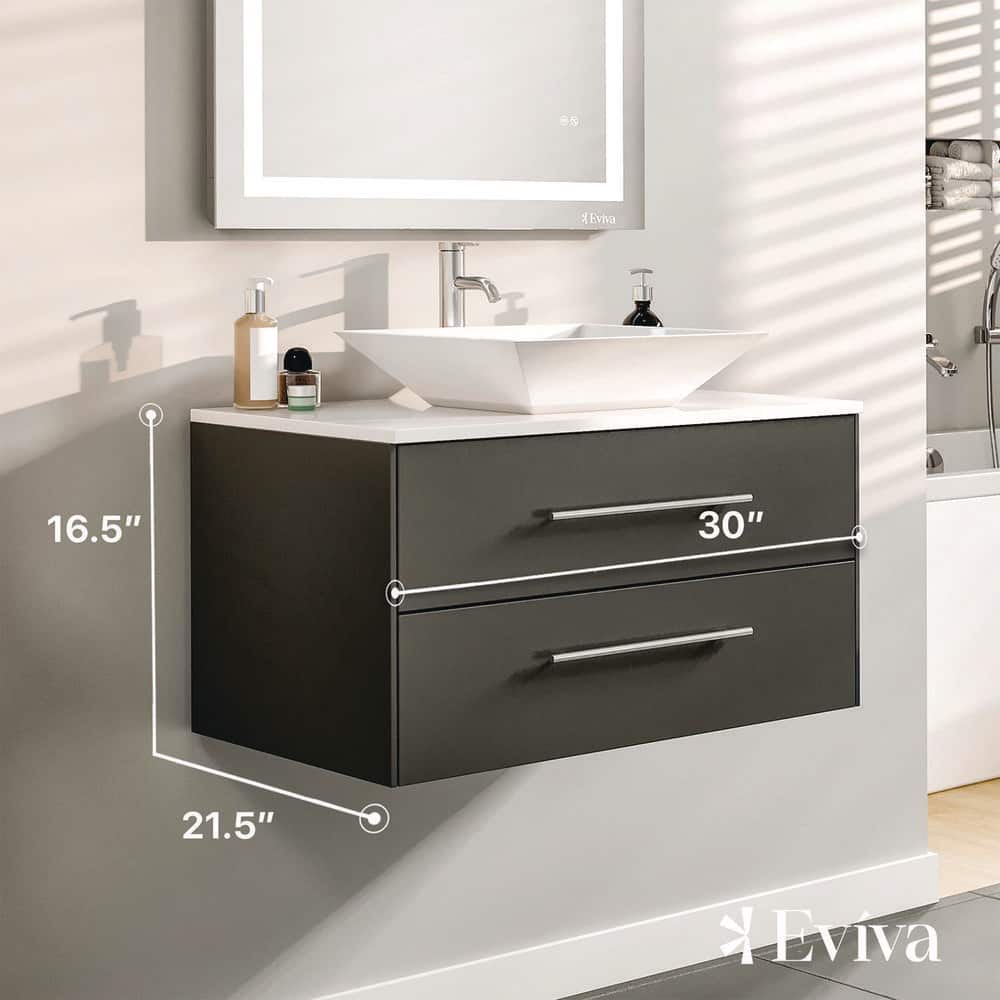 Eviva Totti Wave 30 in. W x 21 in. D x 22 in. H Floating Bathroom Vanity in Espresso with White Glassos Top and White Vessel Sink