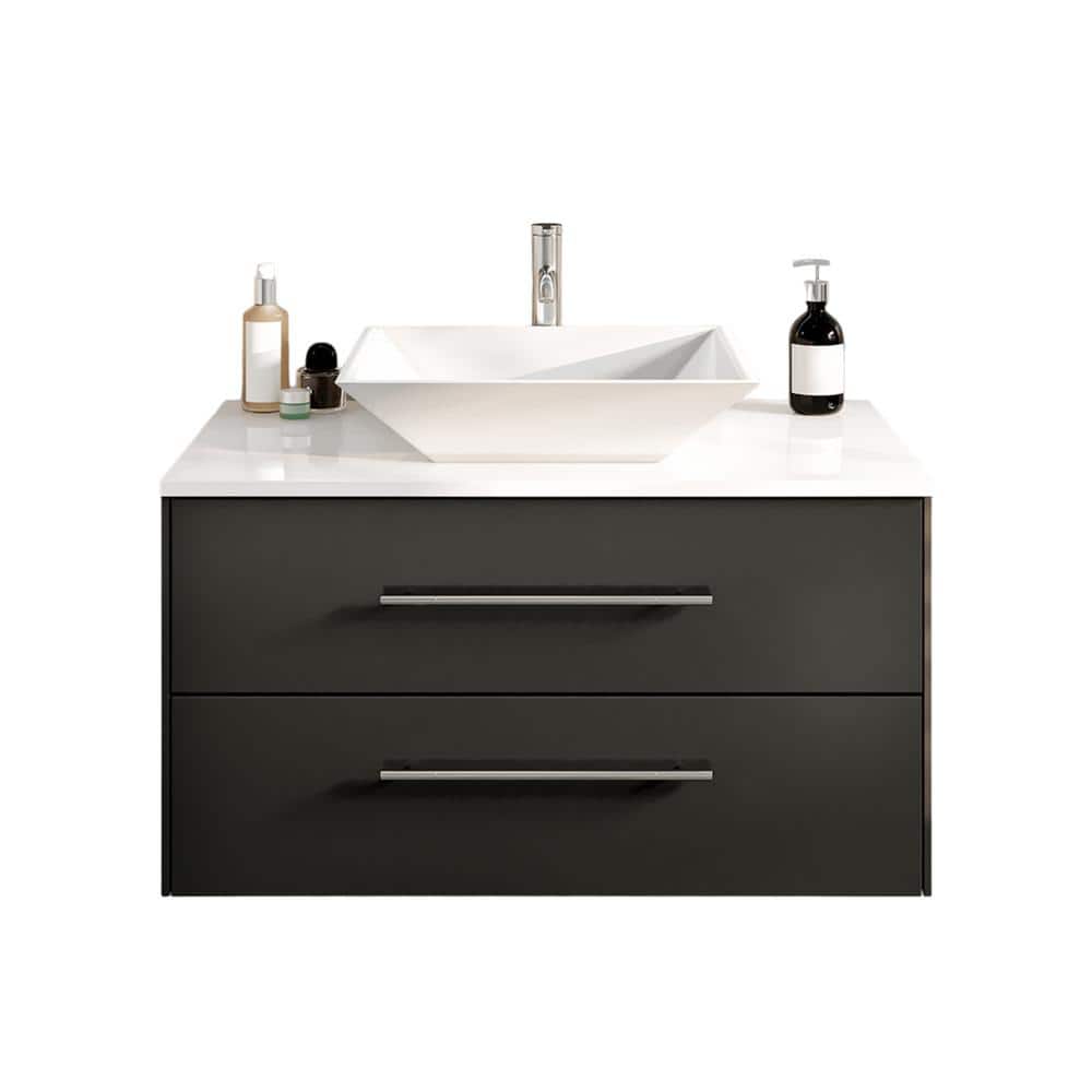 Eviva Totti Wave 30 in. W x 21 in. D x 22 in. H Floating Bathroom Vanity in Espresso with White Glassos Top and White Vessel Sink