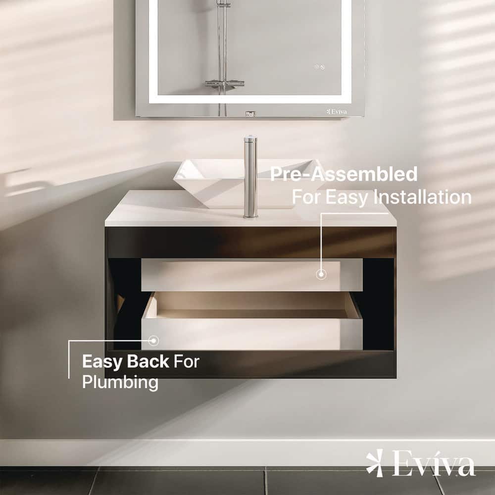 Eviva Totti Wave 30 in. W x 21 in. D x 22 in. H Floating Bathroom Vanity in Espresso with White Glassos Top and White Vessel Sink