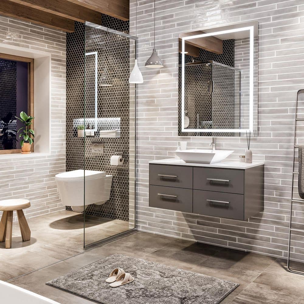 Eviva Totti Wave 36 in. Floating Gray Bathroom Vanity with White Glassos Top and White Vessel Sink