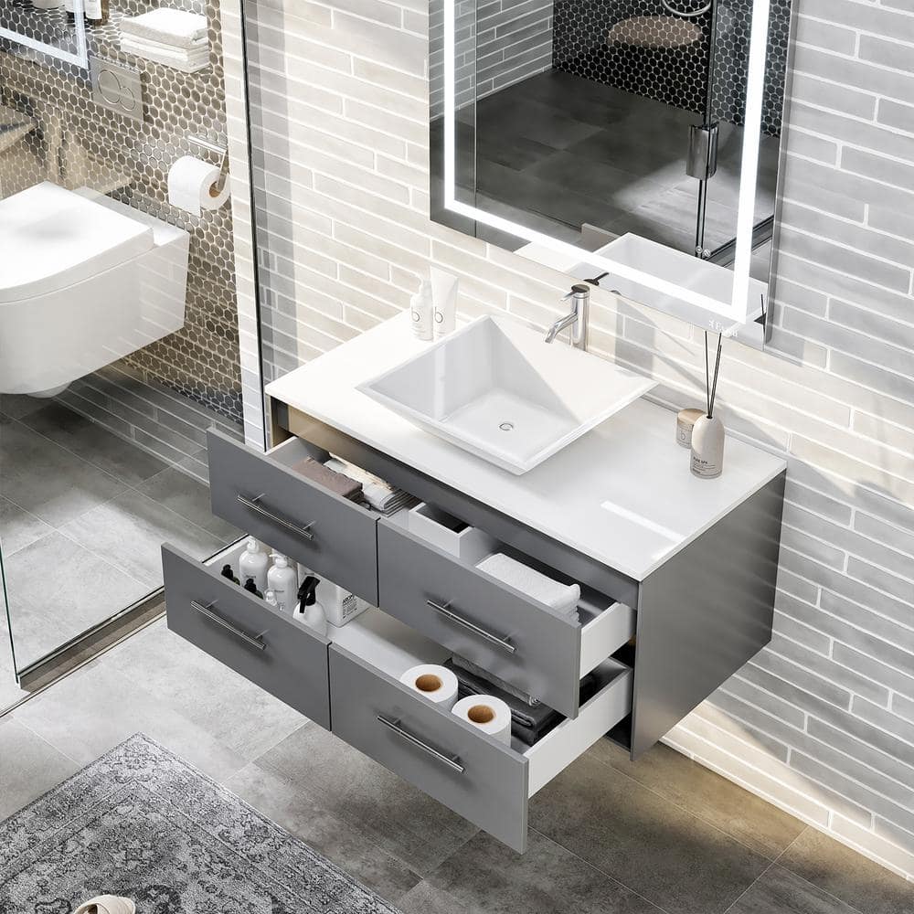 Eviva Totti Wave 36 in. Floating Gray Bathroom Vanity with White Glassos Top and White Vessel Sink