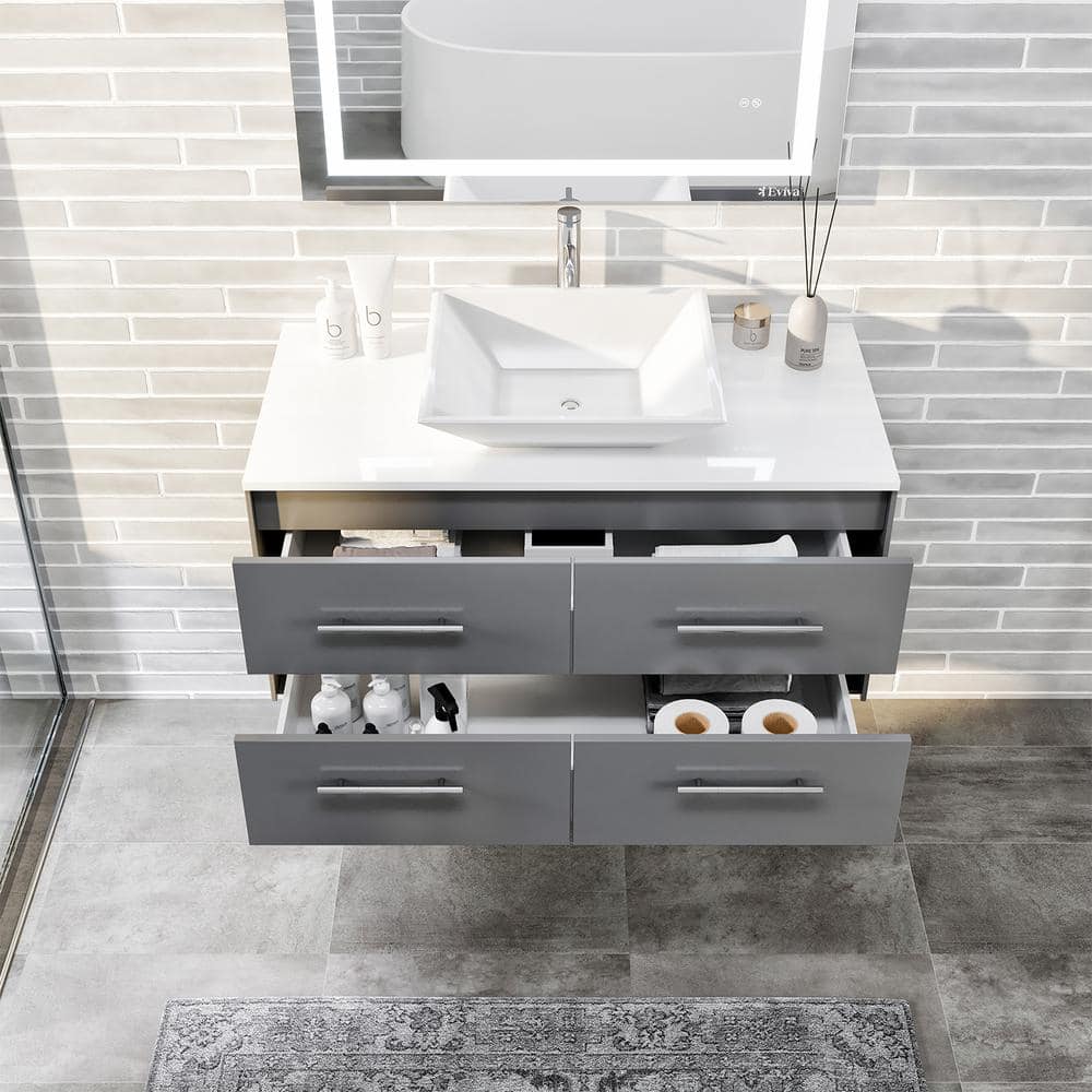 Eviva Totti Wave 36 in. Floating Gray Bathroom Vanity with White Glassos Top and White Vessel Sink