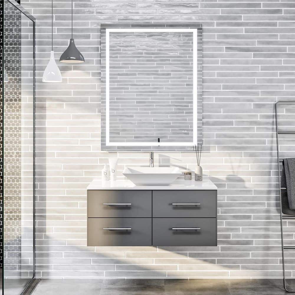 Eviva Totti Wave 36 in. Floating Gray Bathroom Vanity with White Glassos Top and White Vessel Sink