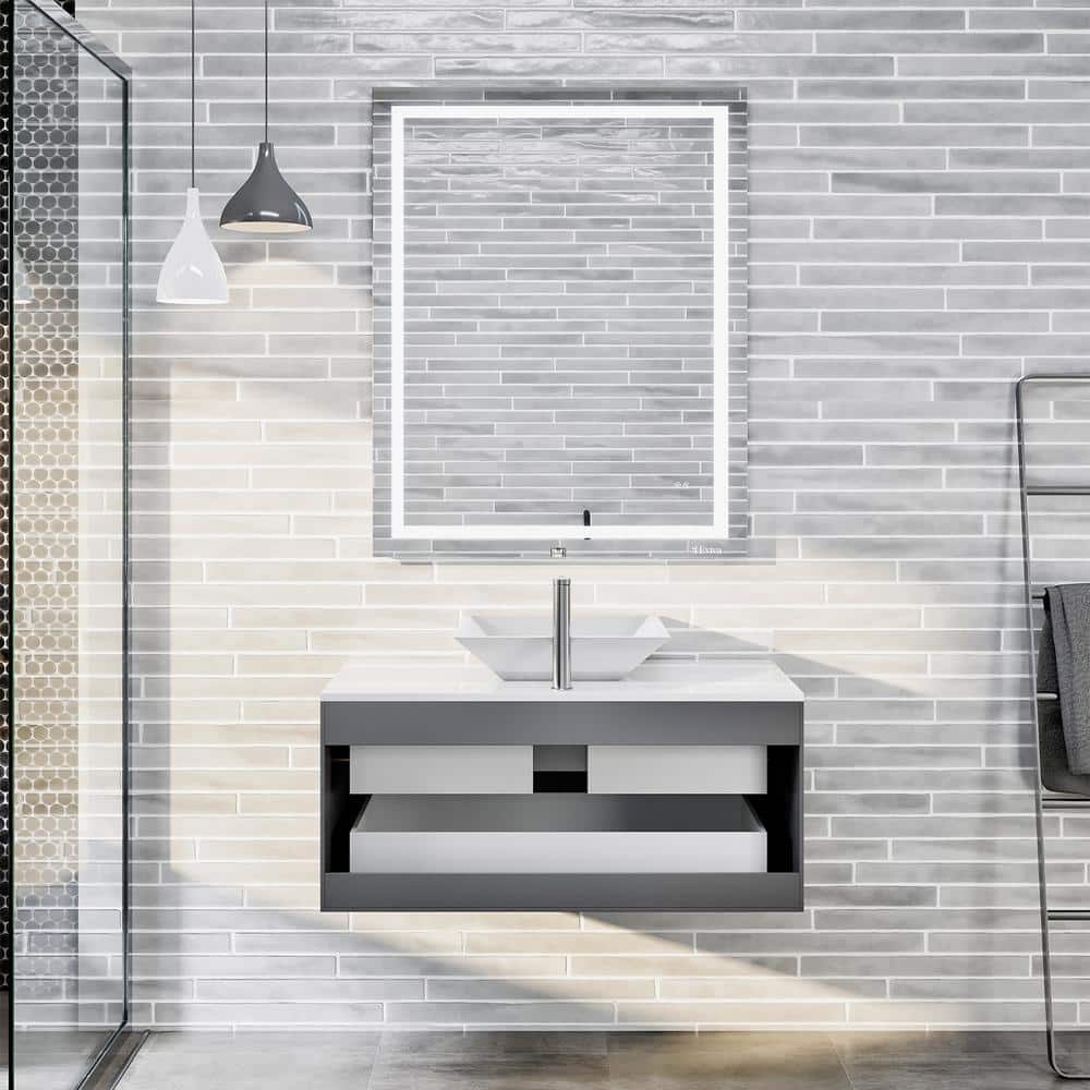 Eviva Totti Wave 36 in. Floating Gray Bathroom Vanity with White Glassos Top and White Vessel Sink