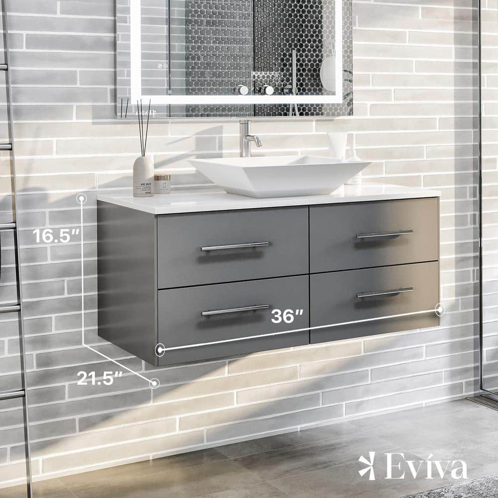 Eviva Totti Wave 36 in. Floating Gray Bathroom Vanity with White Glassos Top and White Vessel Sink