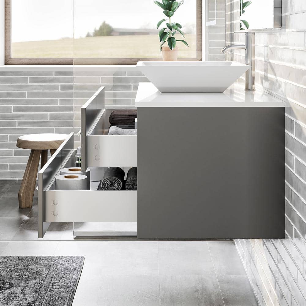Eviva Totti Wave 36 in. Floating Gray Bathroom Vanity with White Glassos Top and White Vessel Sink