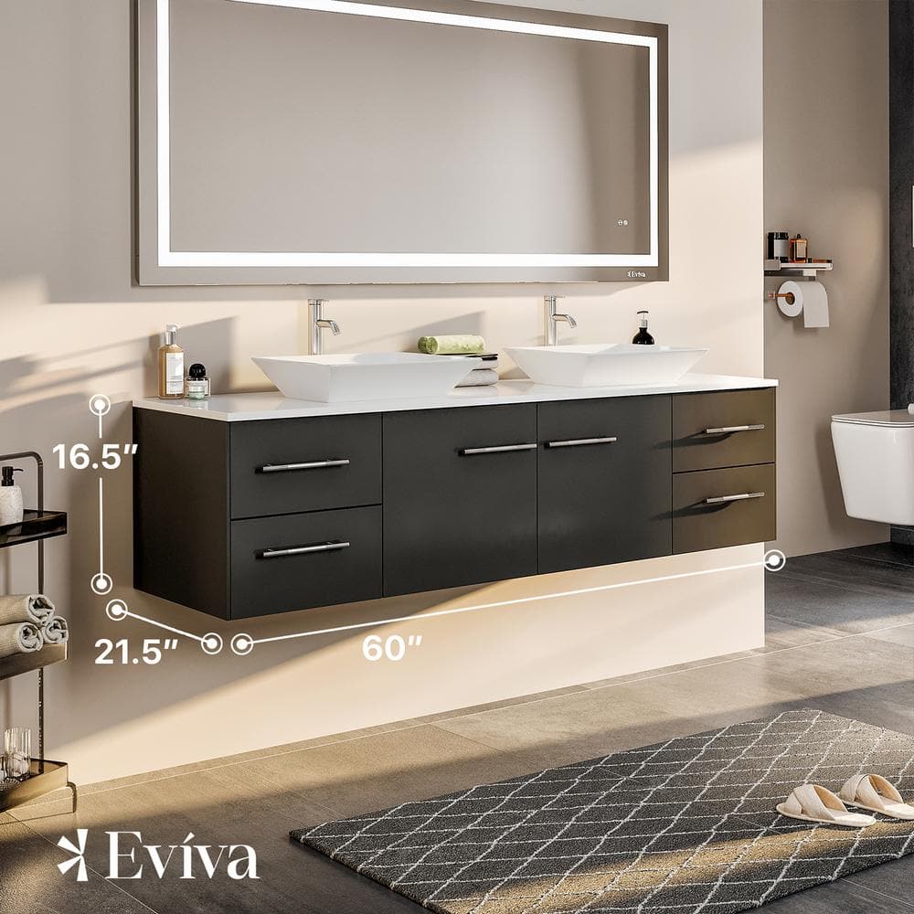 Eviva Totti Wave 60 in. W x 16 in. D x 22 in. H Floating Double Bathroom Vanity in Espresso with White Glassos Top and White Vessel Sinks