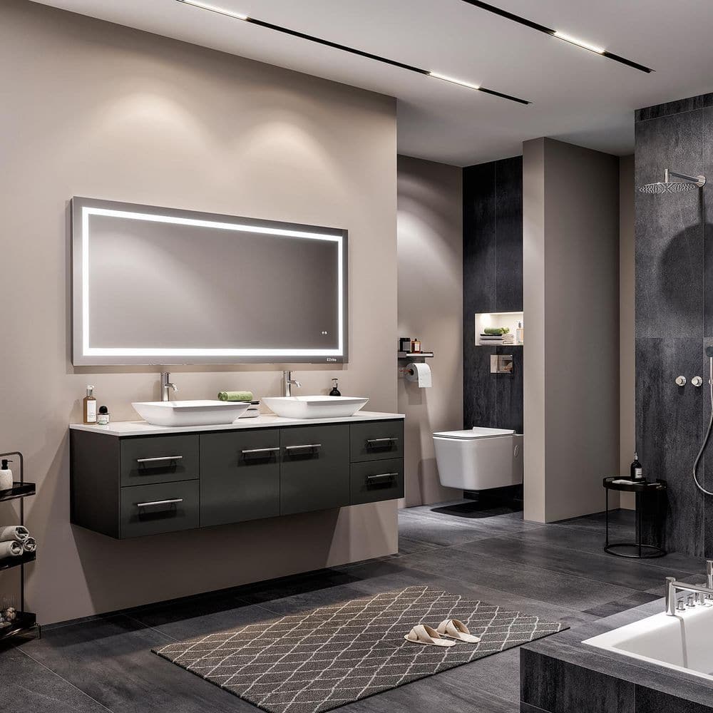 Eviva Totti Wave 60 in. W x 16 in. D x 22 in. H Floating Double Bathroom Vanity in Espresso with White Glassos Top and White Vessel Sinks