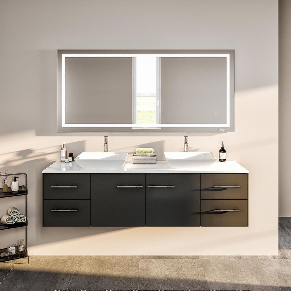 Eviva Totti Wave 60 in. W x 16 in. D x 22 in. H Floating Double Bathroom Vanity in Espresso with White Glassos Top and White Vessel Sinks