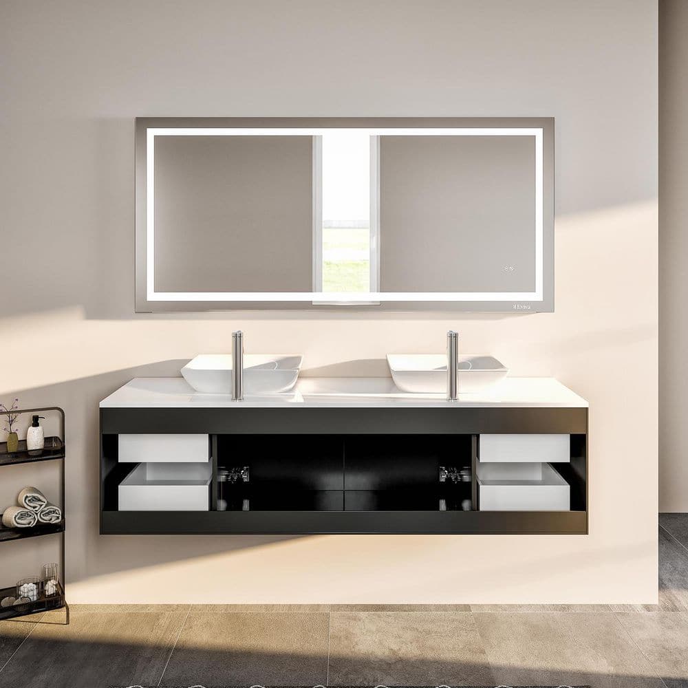 Eviva Totti Wave 60 in. W x 16 in. D x 22 in. H Floating Double Bathroom Vanity in Espresso with White Glassos Top and White Vessel Sinks