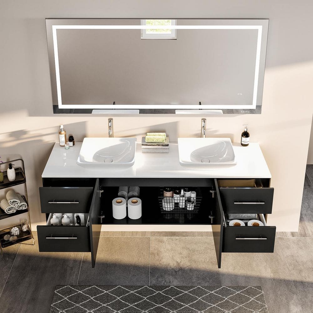 Eviva Totti Wave 60 in. W x 16 in. D x 22 in. H Floating Double Bathroom Vanity in Espresso with White Glassos Top and White Vessel Sinks
