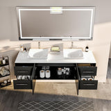 Eviva Totti Wave 60 in. W x 16 in. D x 22 in. H Floating Double Bathroom Vanity in Espresso with White Glassos Top and White Vessel Sinks
