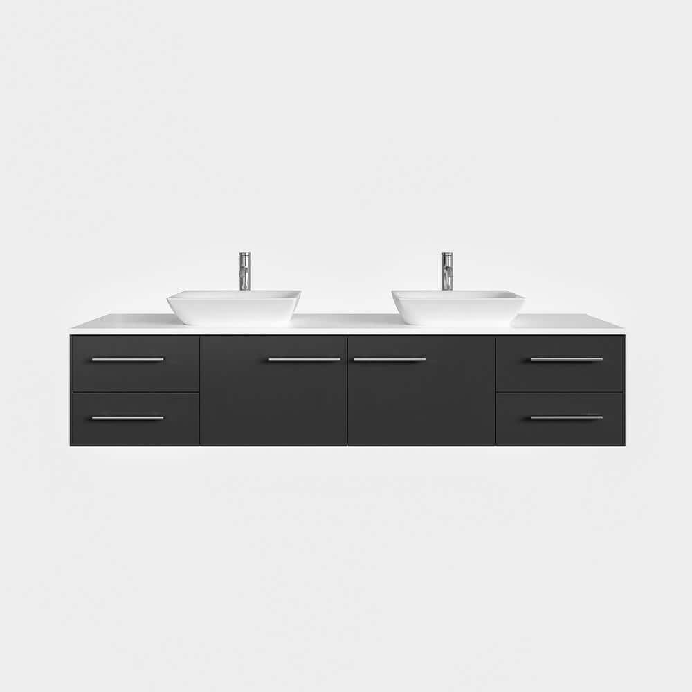 Eviva Totti Wave 60 in. W x 16 in. D x 22 in. H Floating Double Bathroom Vanity in Espresso with White Glassos Top and White Vessel Sinks