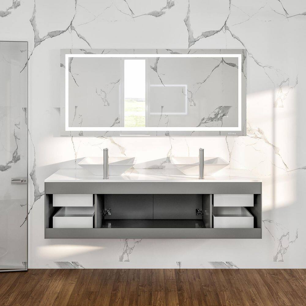 Eviva Totti Wave 60 in. W x 16 in. D x 22 in. H Double Bathroom Vanity in Gray with White Glassos Top and White Vessel Sinks
