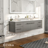 Eviva Totti Wave 60 in. W x 16 in. D x 22 in. H Double Bathroom Vanity in Gray with White Glassos Top and White Vessel Sinks