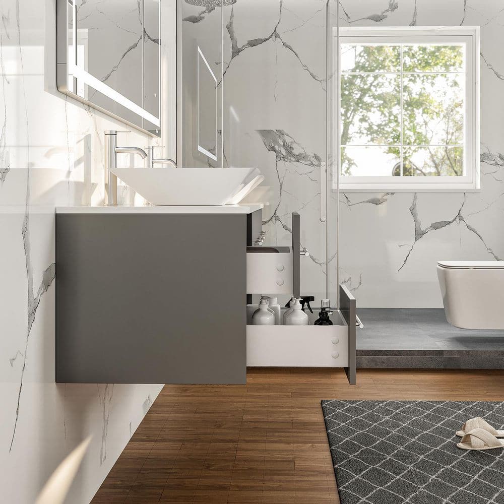 Eviva Totti Wave 60 in. W x 16 in. D x 22 in. H Double Bathroom Vanity in Gray with White Glassos Top and White Vessel Sinks