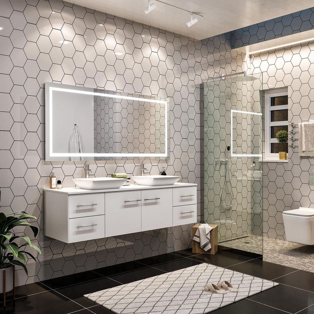 Eviva Totti Wave 60 in. Double Sink Floating Bathroom Vanity in White with White Glassos Top and White Vessel Sinks