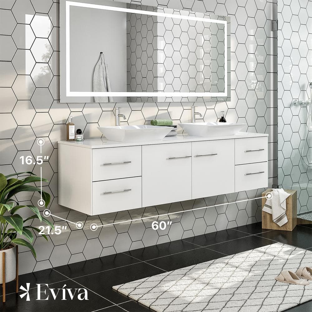 Eviva Totti Wave 60 in. Double Sink Floating Bathroom Vanity in White with White Glassos Top and White Vessel Sinks