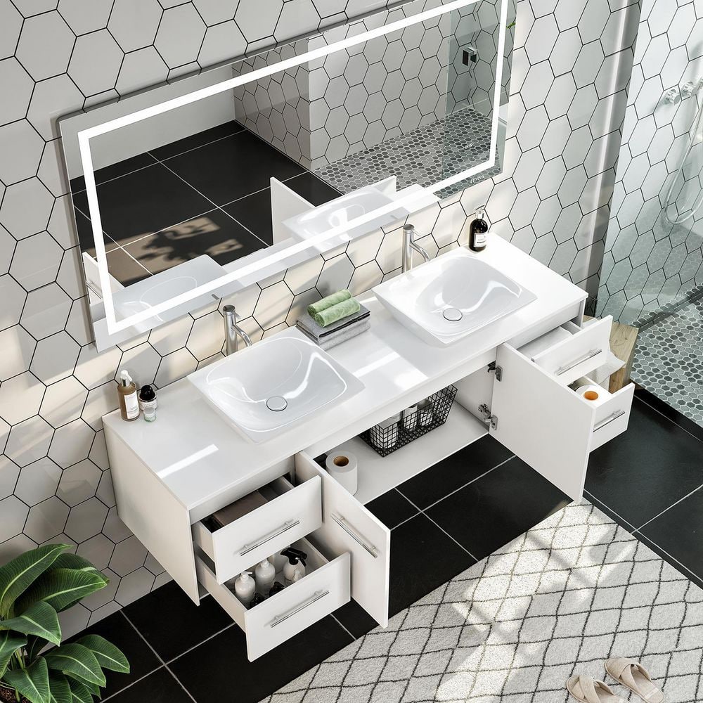 Eviva Totti Wave 60 in. Double Sink Floating Bathroom Vanity in White with White Glassos Top and White Vessel Sinks