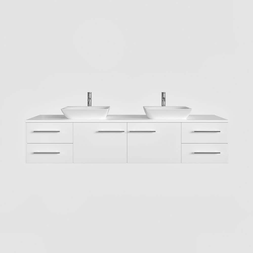 Eviva Totti Wave 60 in. Double Sink Floating Bathroom Vanity in White with White Glassos Top and White Vessel Sinks