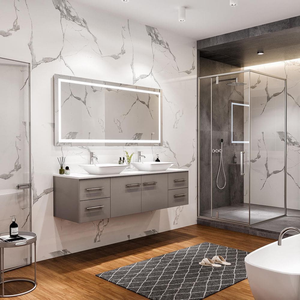 Eviva Totti Wave 72 in. W x 22 in. D x 21.5 in. H Floating Double Bathroom Vanity, Gray, White Glassos Top, White Vessel Sinks