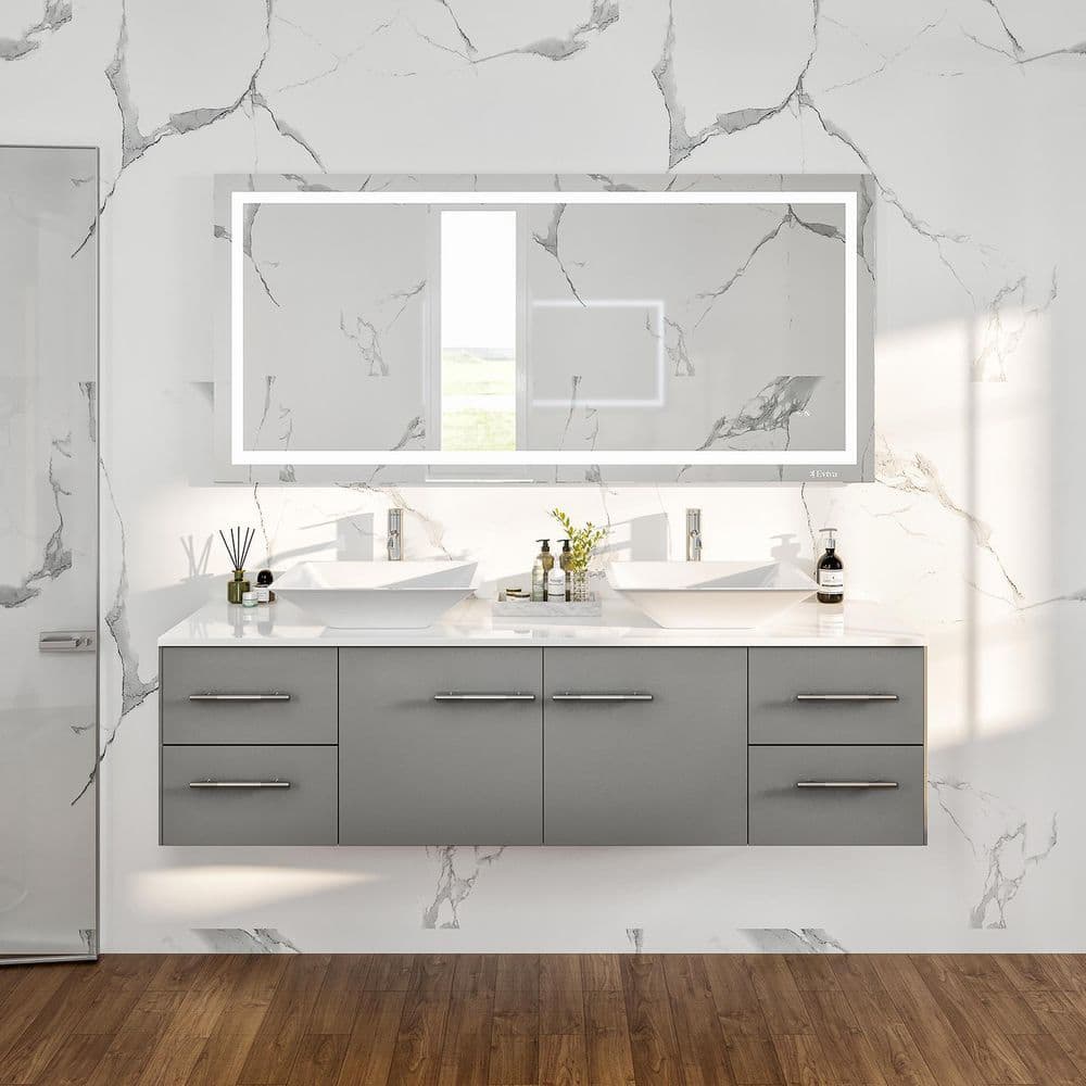 Eviva Totti Wave 72 in. W x 22 in. D x 21.5 in. H Floating Double Bathroom Vanity, Gray, White Glassos Top, White Vessel Sinks