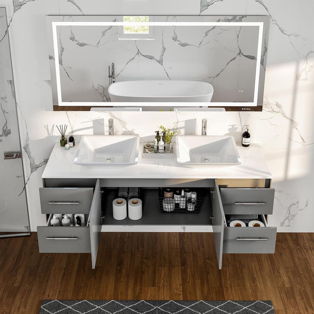 Eviva Totti Wave 72 in. W x 22 in. D x 21.5 in. H Floating Double Bathroom Vanity, Gray, White Glassos Top, White Vessel Sinks