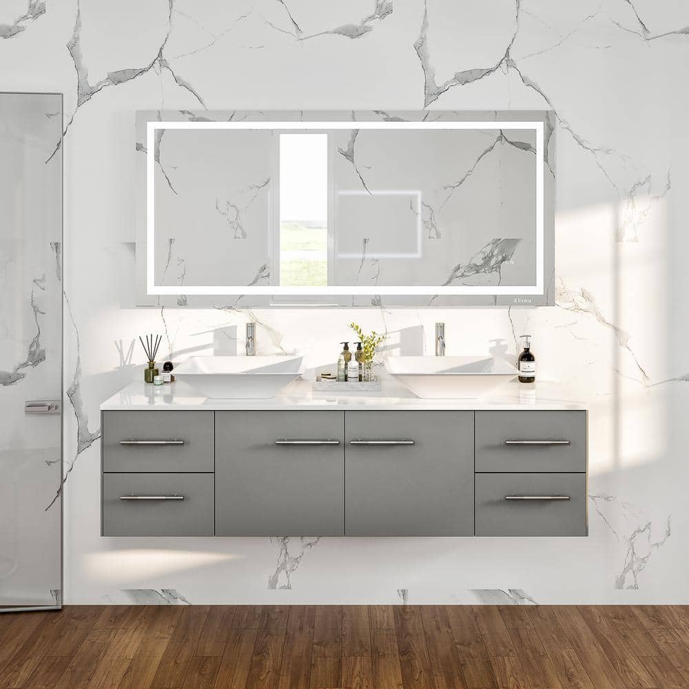 Eviva Totti Wave 72 in. W x 22 in. D x 21.5 in. H Floating Double Bathroom Vanity, Gray, White Glassos Top, White Vessel Sinks
