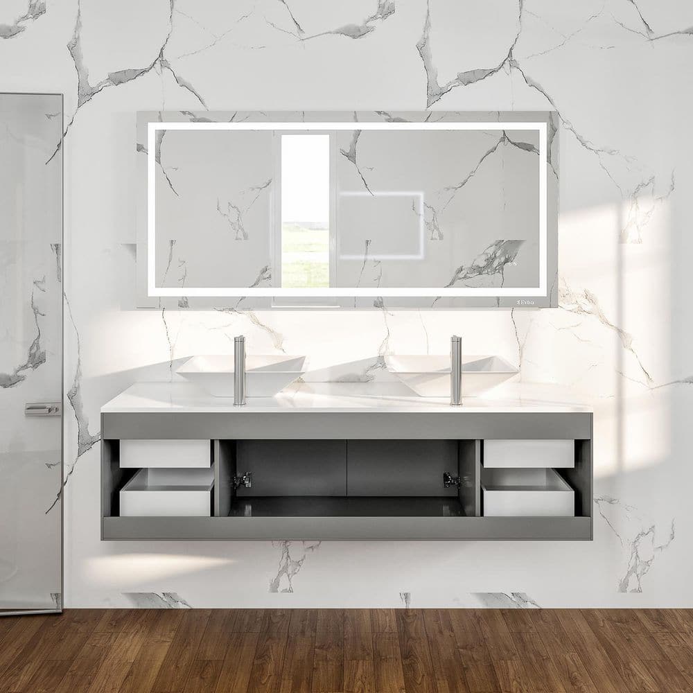 Eviva Totti Wave 72 in. W x 22 in. D x 21.5 in. H Floating Double Bathroom Vanity, Gray, White Glassos Top, White Vessel Sinks