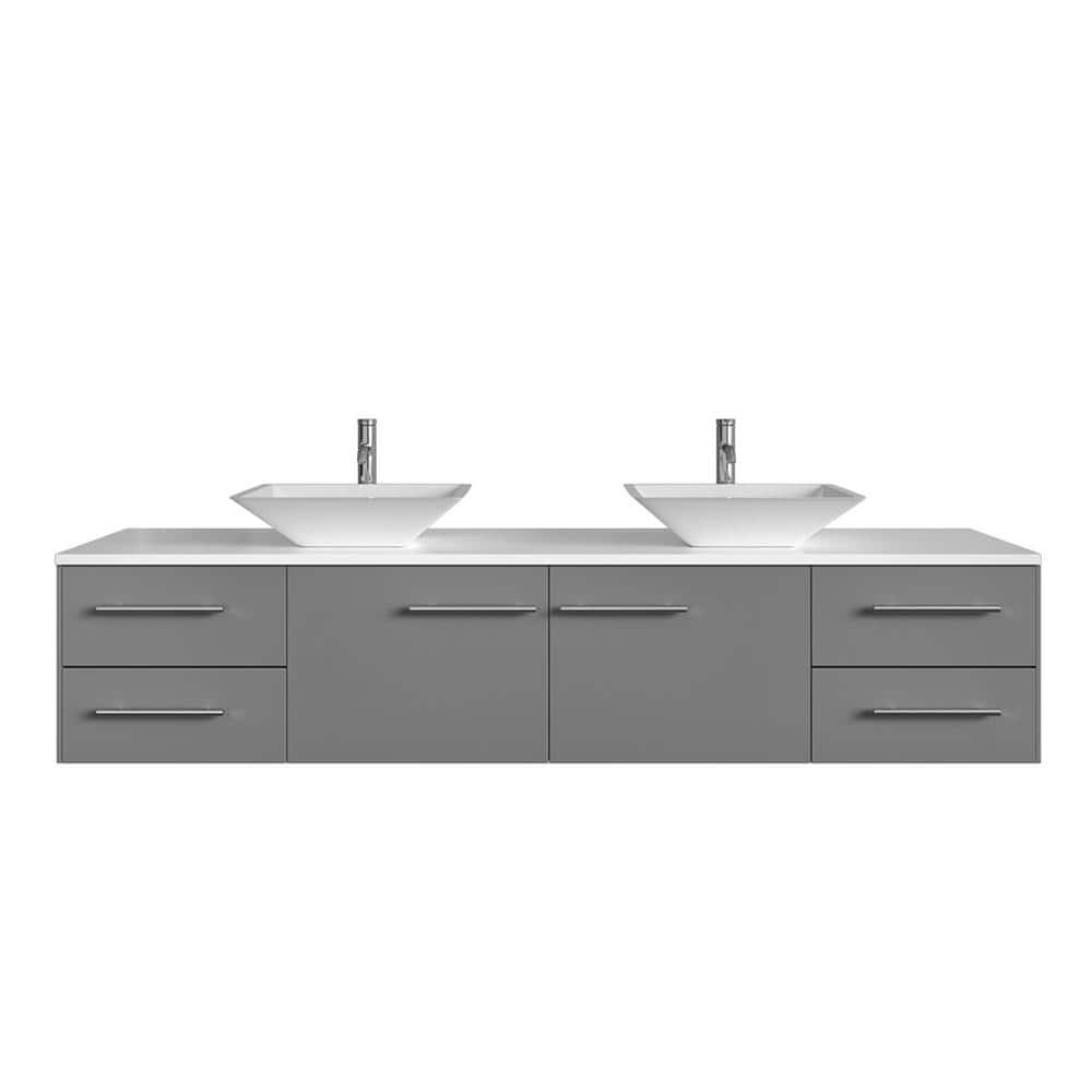 Eviva Totti Wave 72 in. W x 22 in. D x 21.5 in. H Floating Double Bathroom Vanity, Gray, White Glassos Top, White Vessel Sinks