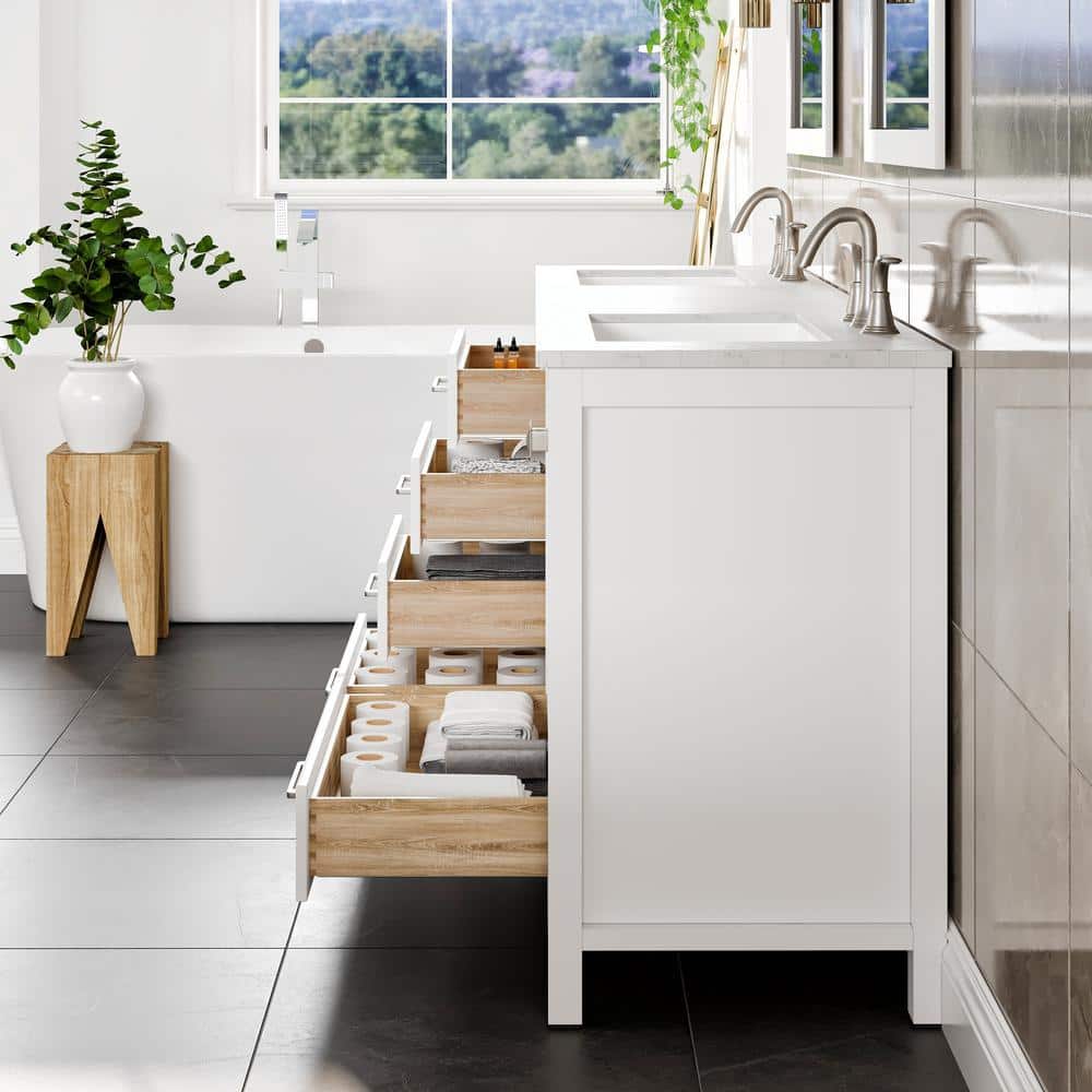Eviva Aberdeen 78 in. W x 22 in. D x 34 in. H Double Bath Vanity in White with Carrara Marble Top and White Undermount Sinks