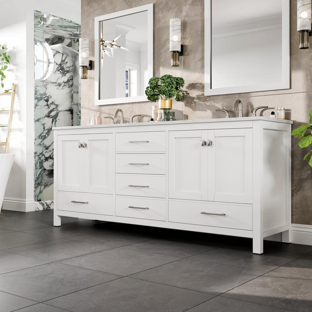 Eviva Aberdeen 78 in. W x 22 in. D x 34 in. H Double Bath Vanity in White with Carrara Marble Top and White Undermount Sinks