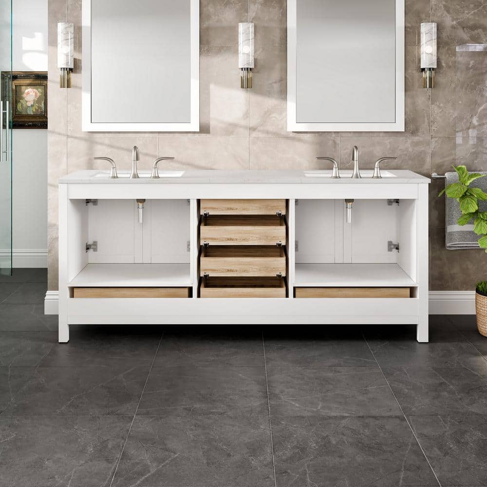 Eviva Aberdeen 78 in. W x 22 in. D x 34 in. H Double Bath Vanity in White with Carrara Marble Top and White Undermount Sinks