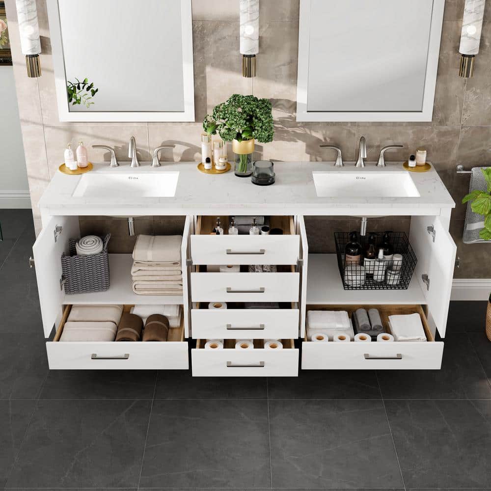 Eviva Aberdeen 78 in. W x 22 in. D x 34 in. H Double Bath Vanity in White with Carrara Marble Top and White Undermount Sinks