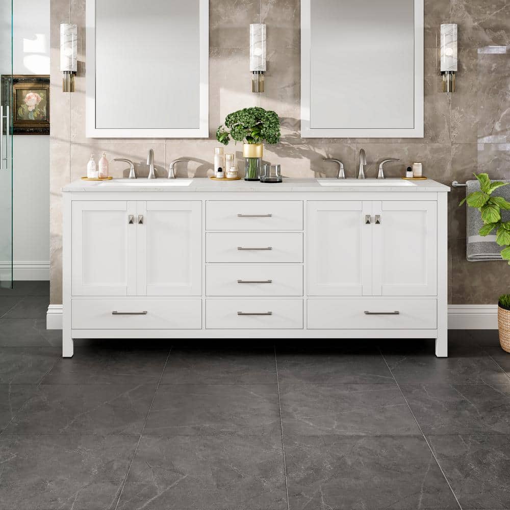 Eviva Aberdeen 78 in. W x 22 in. D x 34 in. H Double Bath Vanity in White with Carrara Marble Top and White Undermount Sinks