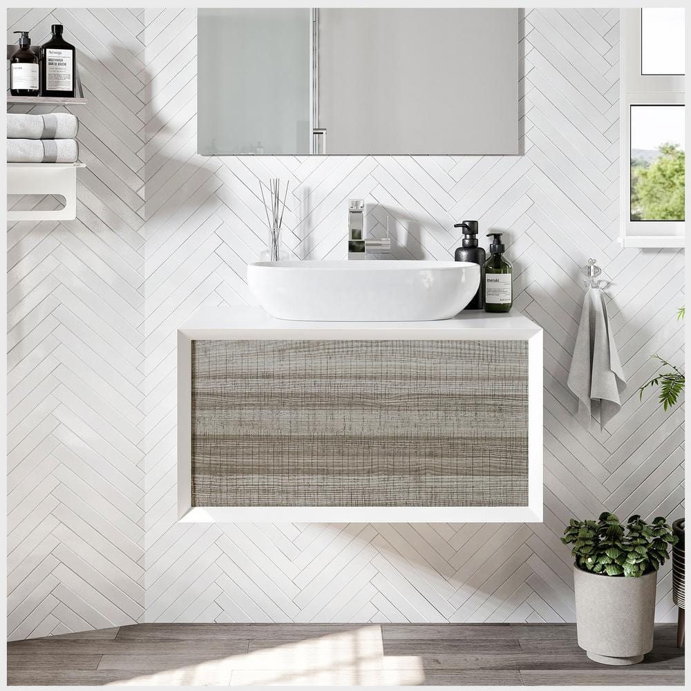 Santa Monica 30 in. W x 22 in. D x 16 in. H Single Bath Vanity in Ash with White Vessel Sink
