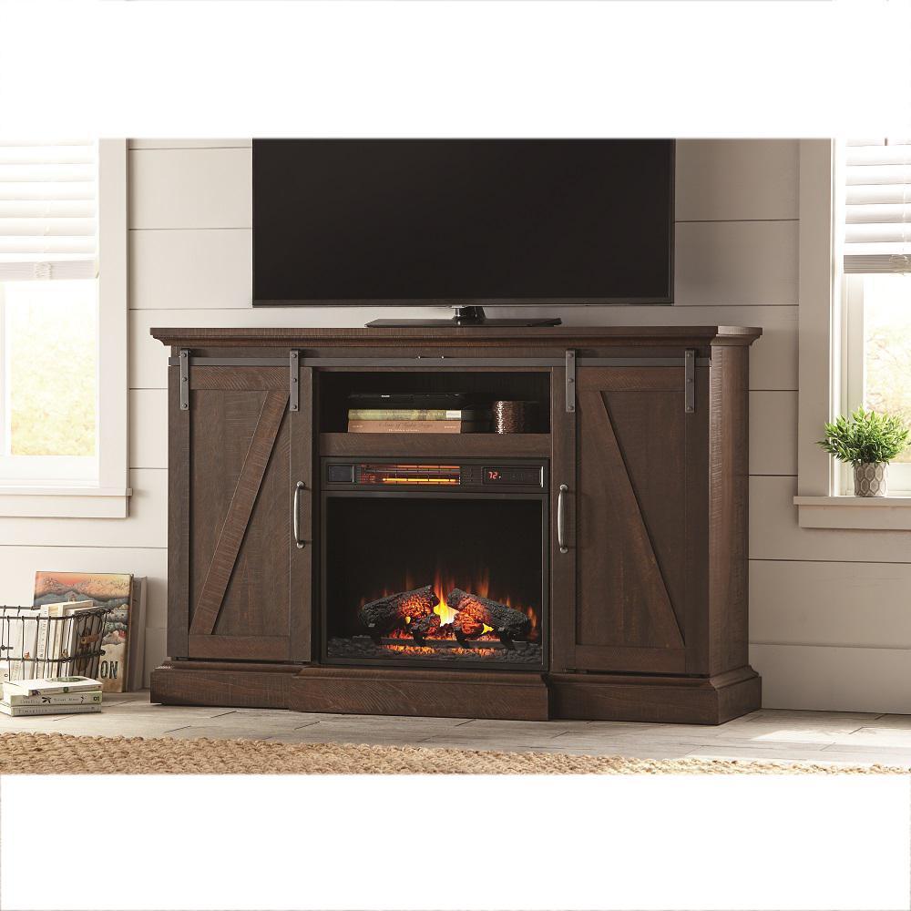 Chestnut Hill 56 in. TV Stand Electric Fireplace with Sliding Barn Door in Ash with Black Top - Super Arbor