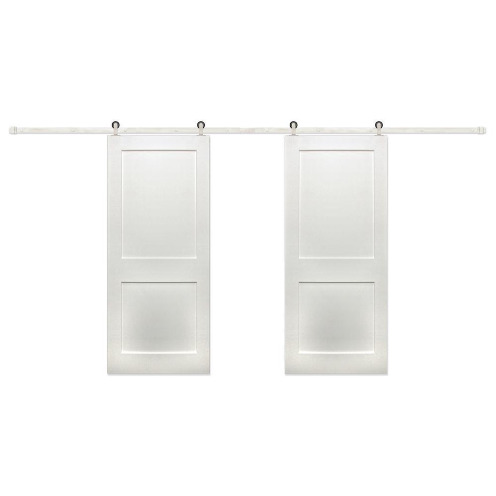 48 in. x 80 in. Bi-Part Shaker 2-Panel Solid Core Primed Pine Wood Sliding Barn Door with Bronze Hardware Kit - Super Arbor