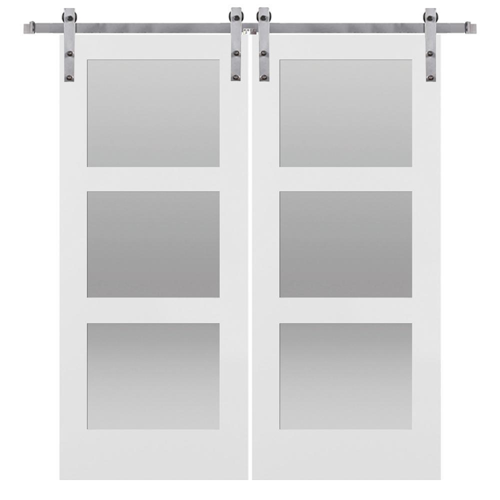 72 in. x 84 in. Shaker 3-Lite Frosted Glass Primed MDF Double Sliding Barn Door with Bent Strap Hardware Kits - Super Arbor