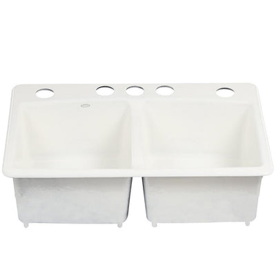 Brookfield Undermount Cast Iron 33 in. 5-Hole Double Bowl Kitchen Sink in White - Super Arbor