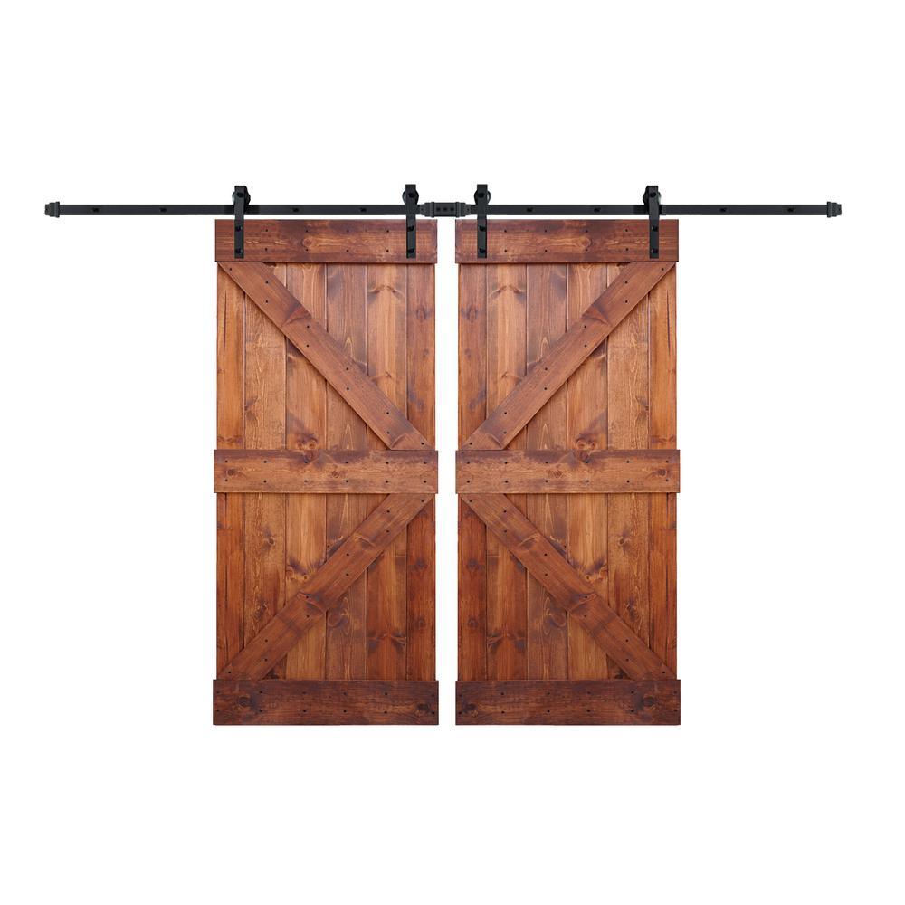 72 in x 84 in K Series Dark Walnut DIY Finished Knotty Pine Wood Double Sliding Barn Door Slab with Hardware Kit - Super Arbor