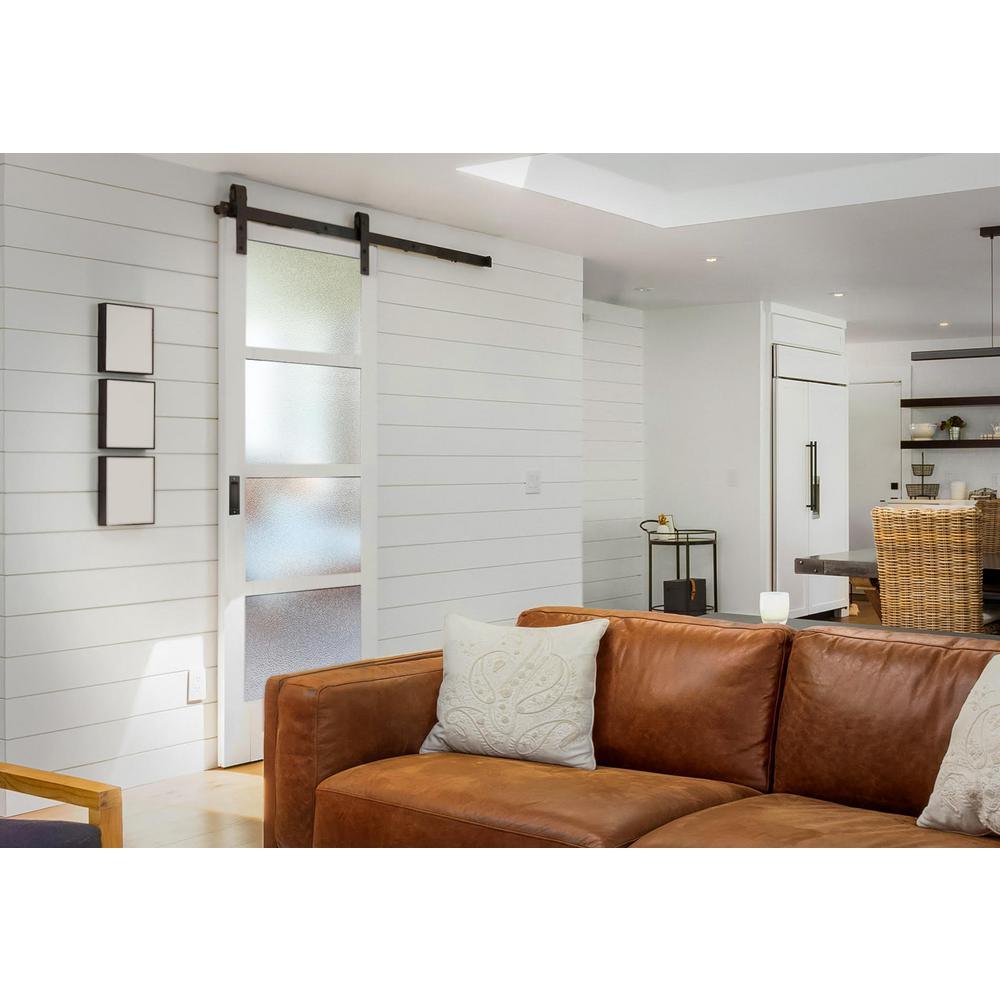 Farmhouse Series 36 in. x 84 in. 4-Lite Mistlite Glass White Primed Wood Interior Sliding Barn Door with Bronze Hard - Super Arbor