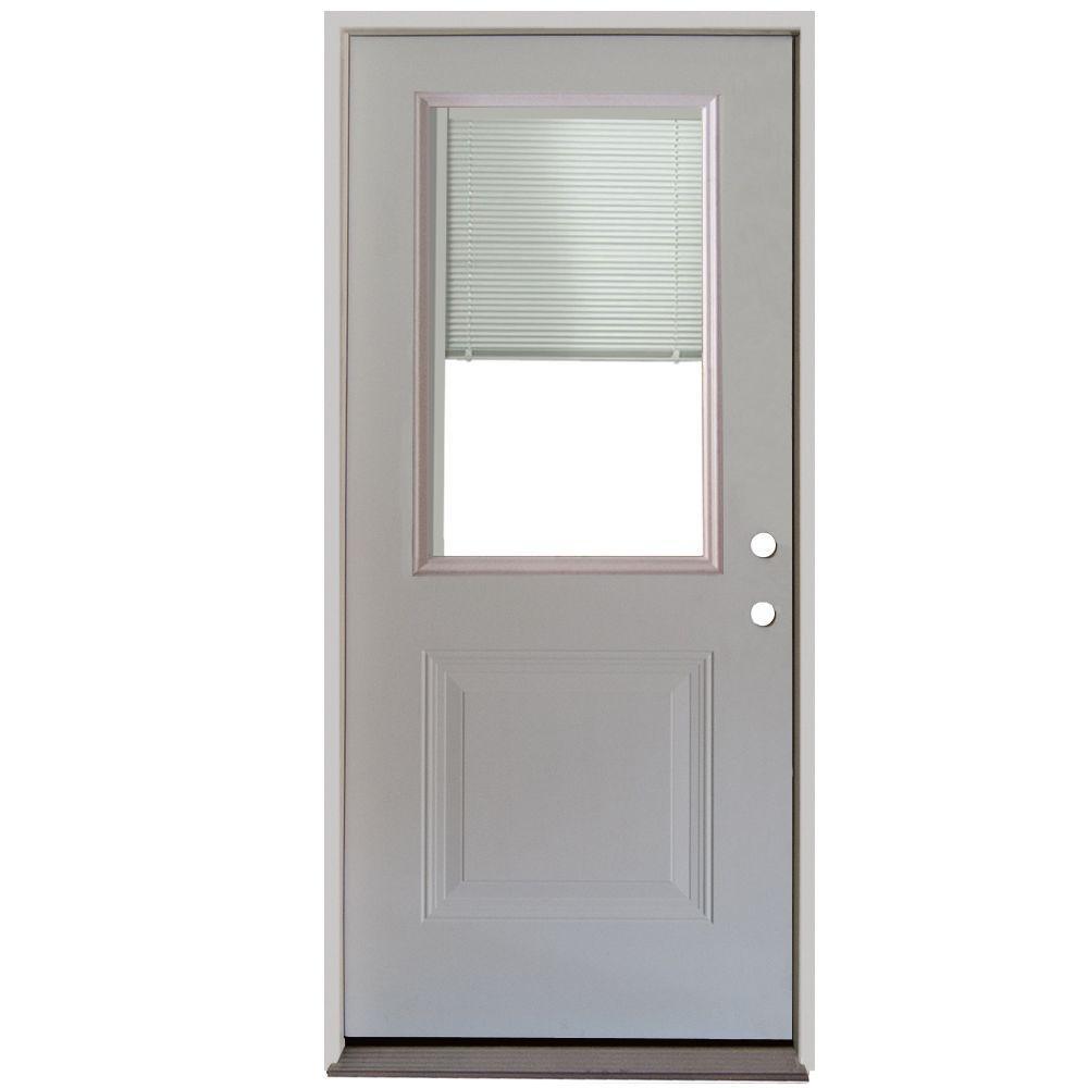 32 in. x 80 in. 1-Panel 1/2 Lite Mini-Blind Primed White Steel Prehung Front Door - Super Arbor