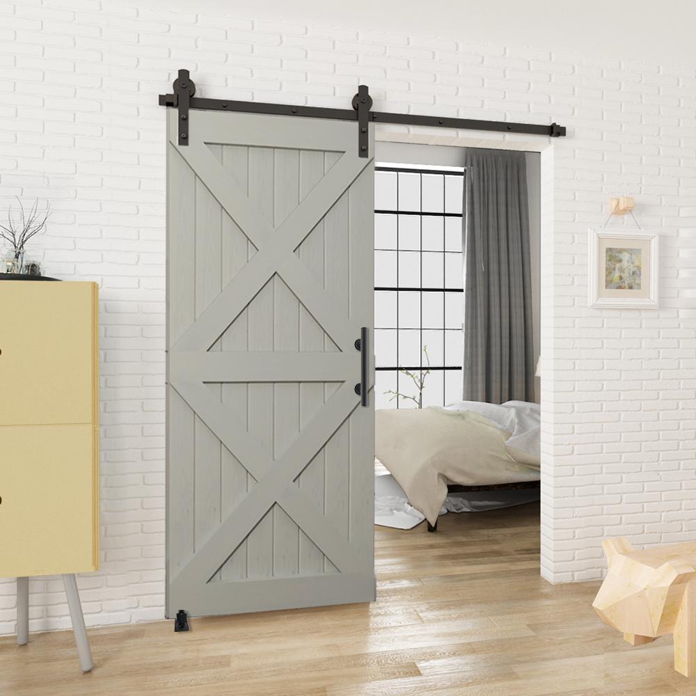 6.6 ft./79 in. Black Steel Straight Strap Sliding Barn Door Track and Hardware Kit w/12 in. Ladder Pull and Flush Handle - Super Arbor