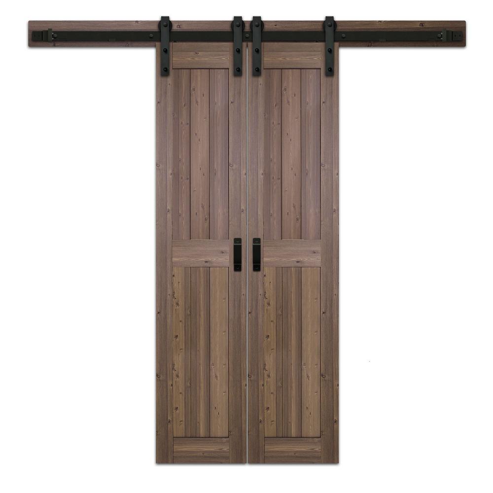 36 in. x 84 in. Taupe MDF Solid Core Bi-Parting Design Interior Sliding Barn Door with Modern Rustic Hardware Kit - Super Arbor